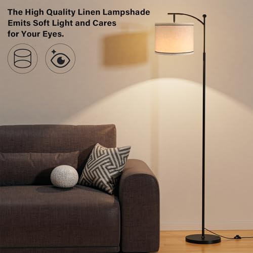 Ambimall 60" Floor Lamp for Living Room with 3 Color Temperatures, Beige Lampshade with Black Stripes, Tall Lamp for Bedroom Office, 9W Bulb Included