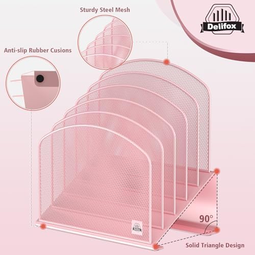 Delifox Inclined Desk File Organizer,Vertical File Folder Holder Stand Metal Rack File Sorter for Office Classroom Desktop Organization (2, Pink, 5)