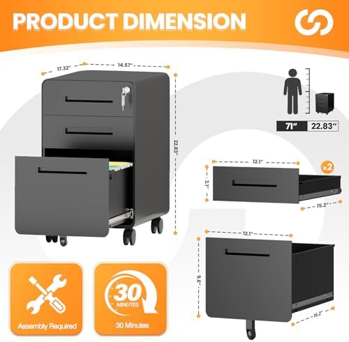 3 Drawer File Cabinet, Fully Assembled Mobile File Cabinets with Lock for Home Office, Metal Rolling Filing Caninet on Wheels, Three Drawer Under Desk Cabnet for Letter/Legal / A4 - Black