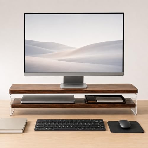 2-Tier Monitor Stand Riser, Keyboard Storage, Wood-Look, Acrylic Sides