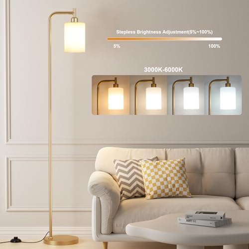 Ziisee Floor Lamps for Living Room - Industrial Standing Lamp with Remote Control Glass Shade, Modern Gold Floor Lamp with LED Bulbs, Tall Lamp for Bedroom Office - Gold