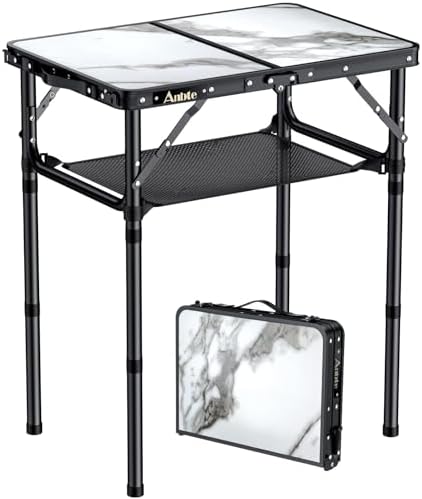 Anbte Folding Camping Table with Storage Net, 3 Adjustable Height Max 28"