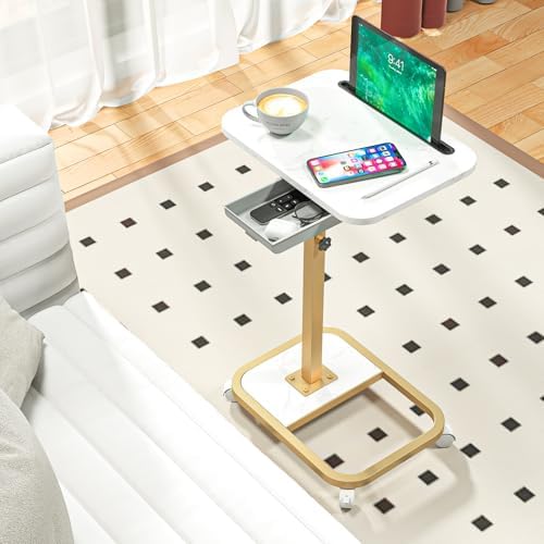 Adjustable Height TV Tray Table with Drawer, 360° Swivel C Shaped End Table, Rolling Couch Desk with Wheels, Side Tables for Living Room and Bedroom, Bed (Gold)