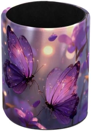 Leather Pen Holder for Desk, Purple Butterfly Pencil Cup Pen Organizer Makeup Brush Holder for Office Home Kids Countertop Desk Accessory Storage