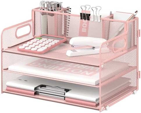 3-Tier Desk Organizer with Pen Holder and Handles, Paper Organizer, Pink