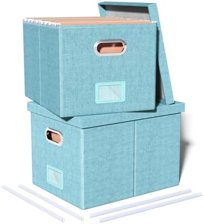Oterri 2 Pack File Storage Organizer Box,Filing Box,Portable File Box with Lid,Fit for Letter/Legal File Folder Storage,Light-blue-Box only