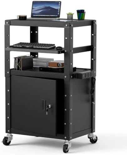 Mobile AV Cart with Cabinet Adjustable Height Computer Cart Rolling Media Utility Cart Heavy Duty with 4 Outlets & Pullout Keyboard Tray Mobile Computer Workstation with Lock Brake Wheels