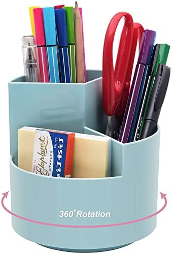 Siveit Desk Pencil Pen Holder, Desk Organizers 3 Slots 360-Degree Rotating Pen Holder for Desktop Storage Stationery Supplies Organizer, Home, Office, School, Kids, Blue