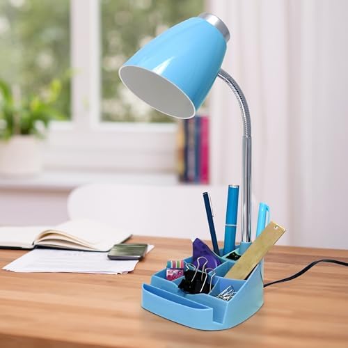 Simple Designs LD1002-BLU-LB 18.5" Gooseneck Organizer Desk Lamp with iPad Tablet Stand Book Holder with LED Bulb, Blue