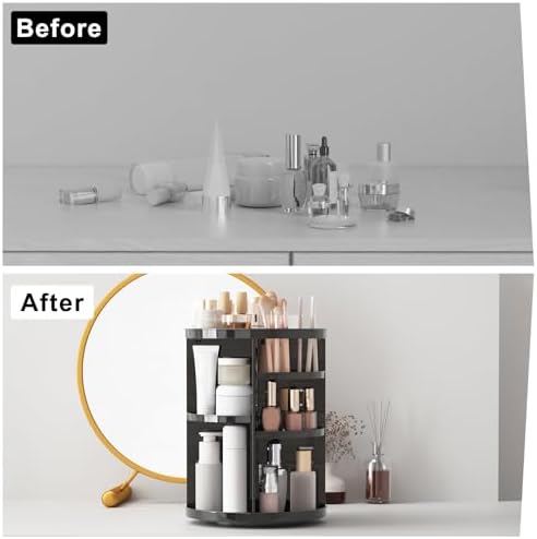 Rotating Makeup Organizer, DIY 8 Adjustable Layers Spinning Skincare Storage, Cosmetic Display Case with Brush Holder and Perfume Tray, Multi-Function Vanity Bathroom Countertop Organizer Black