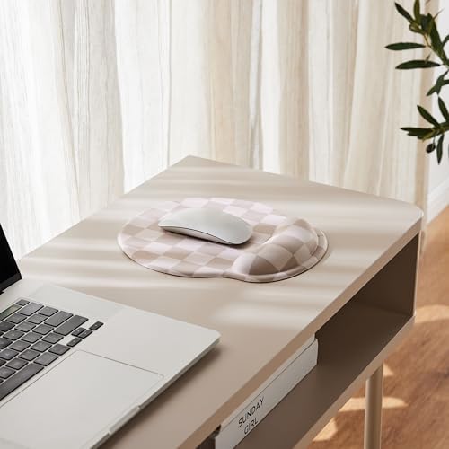 Ohocut Beige Khaki Checkered Mouse Pad with Gel Wrist Rest, Wrist Support, Ergonomic Desk Accessories for Women, Office Laptop Gaming Decor, Cute Aesthetic Check Design