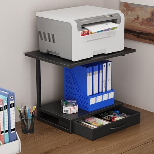 YAOHUOO 2-Tier Desktop Printer Stand with Fabric Drawer,19.6"x14.9" Black