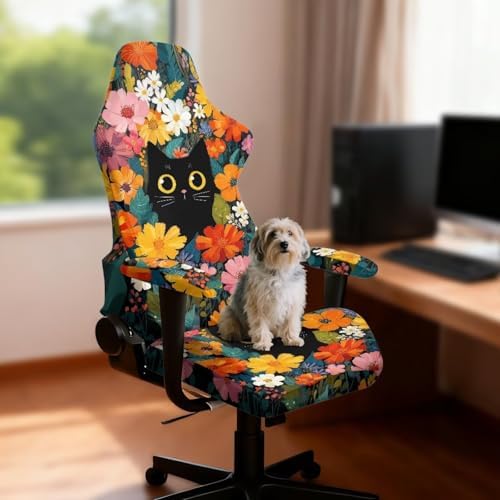 Cat Floral Print Gaming Chair Cover with Armrest Covers Non Slip Universal Furniture Protector Stretchable Anti Scratch Gamer Chair Slipcover