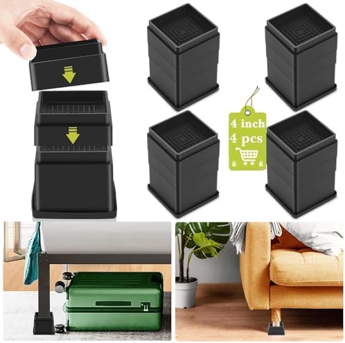 4 Pack Furniture Risers 4 Inch, Adjustable Bed Risers Heavy Duty For Table Desk Couch Chair Sofa Cabinet Bed Frame Dorm, Square Stackable Table Leg Risers Lift Height 1", 2” , 3” or 4", Black
