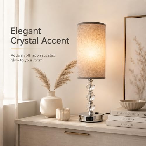 Crystal Table Lamp 14.6", 3-Way Dimmable with Touch Control, USB Charging Ports & AC Outlet, Bulb Included, – 3000K Warm White for Bedroom Living Room