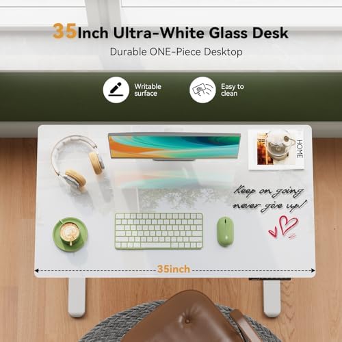 Gibbon Mounts 35” White Glass Standing Desk Height Adjustable with Drawer