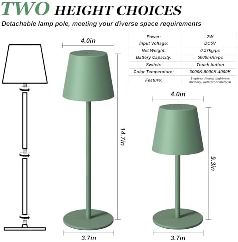 Kakanuo Cordless Table Lamp Rechargeable Green - KK 2 Pack 5000mAH Battery Operated Lamp for Dining Table, 3 Color Stepless Dimming Wireless Lamp for Counter, Outdoor Patio, Touch Control