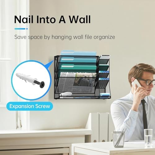 5-Tier Wall File Organizer and Wall File Holder with Bottom Tray, Black