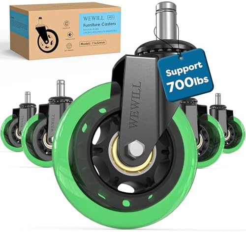 WEWILL Office Chair Wheels - Rubber Casters Replacement Universal Fit 98% Chair(Set of 5) Heavy Duty 3 Inch Smoothly & Quietly Safe for All Floor, Hardwood, Tile, Carpet, Noise Free - Green
