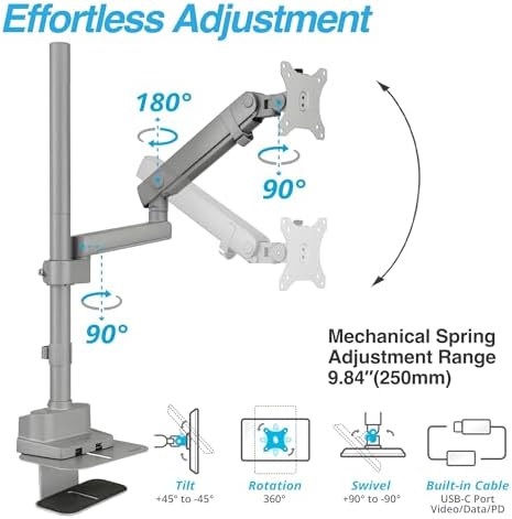 AVLT Single 40 Inch Monitor Arm Pole Top Mount with USB-C&A Ports - Gray