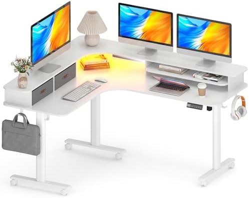 2-Tier L Shaped Electric Standing Desk with Drawers, 63 x 55 Height Adjustable Desk with Memory Controller, Storage, Ergonomic Corner Desk Sit Stand up Computer Table for Home Office, White