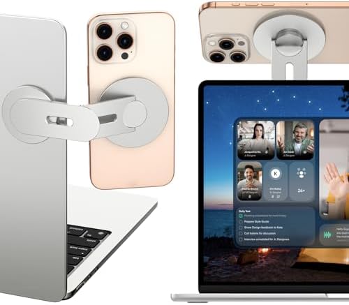 Magnetic Phone Holder for Laptop, 360° Adjustable MacBook Monitor Side Mount for iPhone 17 Pro Max/16/15/14/13/12 MagSafe for Tesla, Portable Foldable Cell Phone Holder Accessory, Silver