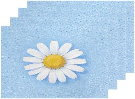 Shrahala Botanical Daisy Set of 4 12 x 18 Inch Linen Placemats, Soft Blue Background Burlap Table Mat Washable Double Layered Heat Insulation for Indoor/Outdoor