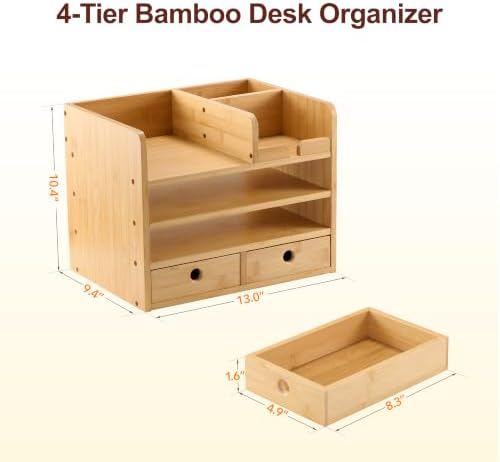 Bamboo Desk Organizer with Drawers, Makeup Storage for Home Office