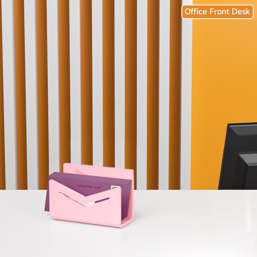 Beego Envelope and Mail Organizer Countertop - Pink Acrylic Desk Organizer Letter Holder Desktop File Sorter Bill Document Folder Rack for Office, Home, School Desk Organization