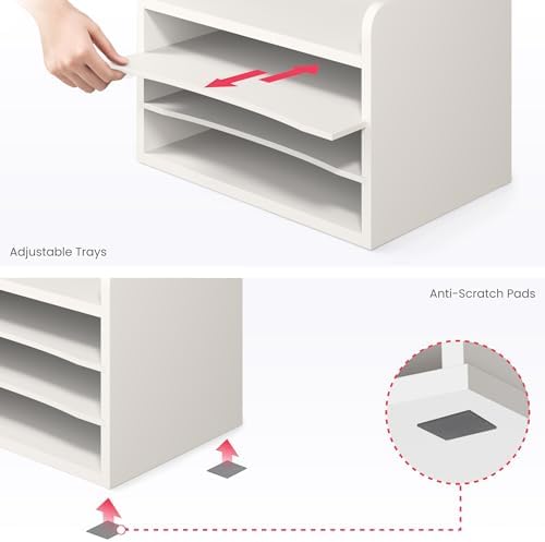 Ballucci File Organizer, 4-Tier Office Desk Organizer, Open Top Wood Paper Organizer for Classroom, Mail Sorter Paper Tray with Adjustable Storage Shelves, White