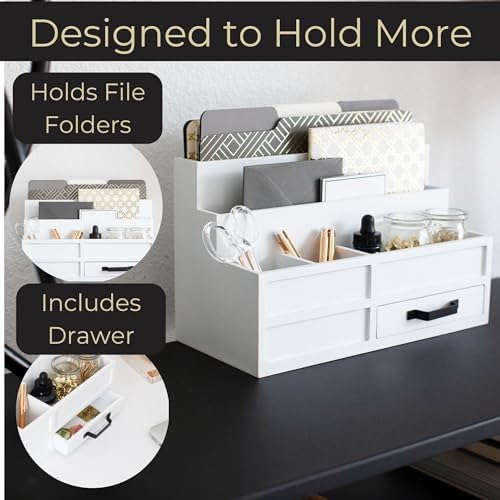 BLU MONACO | White Desktop Organizer with Drawer Storage | Tabletop Organizer with Drawers for Paper Bills Mail | Wooden Mail Organizer for Countertop Workspace