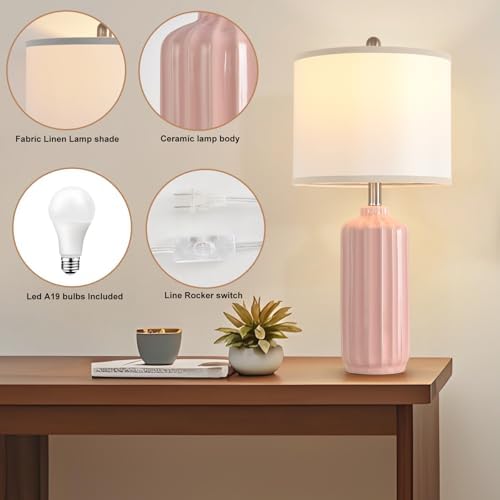 Lamps for Living Room Bedroom Lamps Farmhouse Table Lamps Set of 2 Vertical Stripe Ceramic Table Lamp,Linen Shade with Bulb, 25 in High (Pink, 25-inch high)