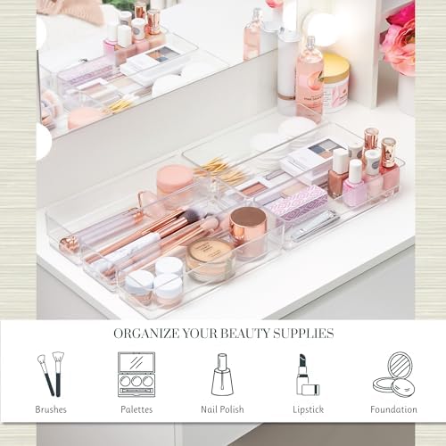 STORi SimpleSort 6-Piece Stackable Clear Drawer Organizer Set | 9" x 3" x 2" Rectangle Trays | Narrow Makeup Vanity Storage Bins and Office Desk Drawer Dividers | Made in USA