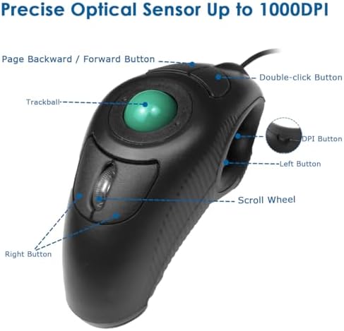 YUMQUA USB Wired Finger Mouse, Handheld Trackball Mouse with Roller Ball