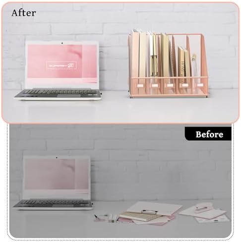 SUPEASY Desk Organizers Metal Desk Magazine File Holder with 5 Vertical Compartments Rack File Organizer for Office Desktop, Home Workspace, Rose Gold