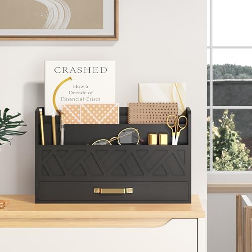 Bamboo Mail Organizer Countertop Pen Holder Wooden Desktop Storage Drawers