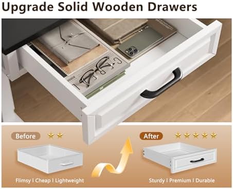 OffiGo 55 Inch L Shaped Standing Desk with 4 Wooden Drawers, White+Black