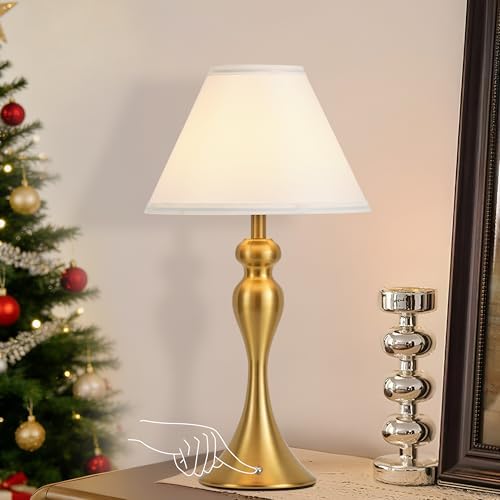 Cordless Table Lamp Rechargeable, Battery Night Light Fabric Shade, Brass