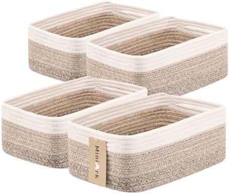 MiniArk Small Storage Baskets for Organizing | Closet Organizer Bins | Shelf Toy Basket | Woven Rope Baskets | Cube Decorative Box | Shallow Basket | 13x8.5x5.1” | 4 Packs Gradient Brown