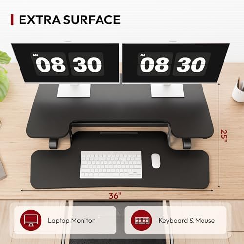 SANODESK 36" Standing Desk Converter, Adjustable Sit to Stand Desk Riser with Effortless Lifting for Home Office, Desk Topper for Dual Monitors, Computer Lift with Keyboard Tray, Black