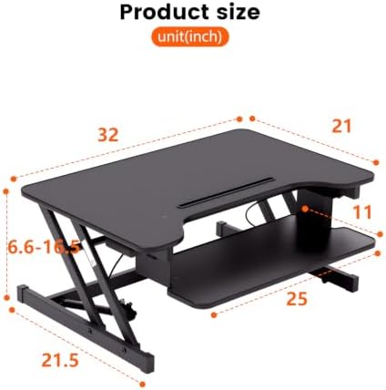 PayLessHere Standing Desk Converter,32” Adjustable Standing Desktop, Dual Monitor Desktop with Pneumatic Lift and Keyboard Tray, Built-in Stand,Suitable for Home Office Laptops, Black