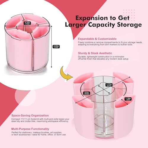 Comix 360° Rotating Pen Holder for Desk, Pink Pencil Holder with 5 Slots