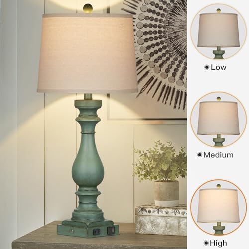 Cinkeda 29" Tall Table Lamp for Living Room Set of 2,Vintage Bedside Nightstand Lamps with USB C+A Ports & AC Outlet,3-Way Dimmable Touch Control Retro Green Desk Lamp for Bedroom,Color 4