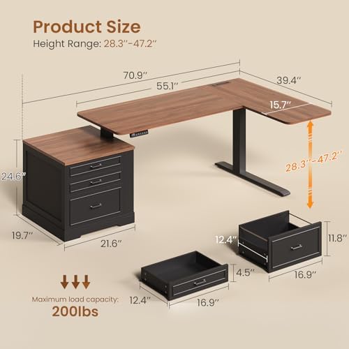 SEDETA Farmhouse L Shaped Electric Standing Desk, 70.9" x 39.4" Height Adjustable Office Executive Desk with 3 Drawers, Standing Computer Desks with Power Outlet for Home Office, Black