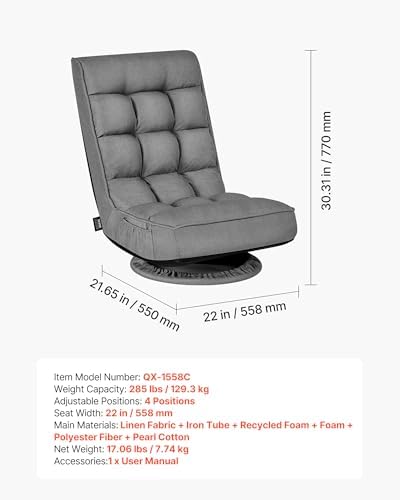VEVOR Swivel Floor Gaming Chair, 360-Degree Rotating Floor Chair with 4 Adjustable Position Folding Backrest, Metal Frame with Recycled Foam and Linen Fabric, for Watching TV, Reading, Relaxing, Gray
