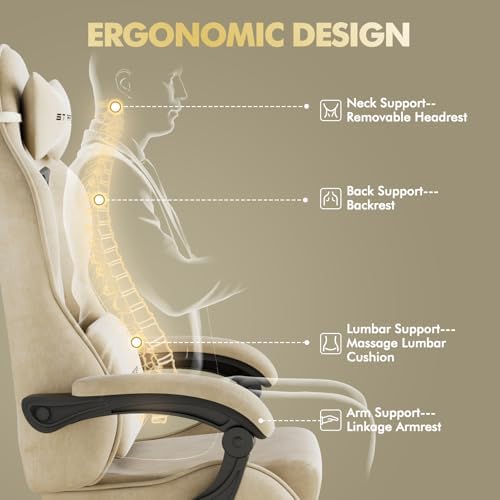 Huracan Ergonomic Gaming Chair with Massage Lumbar Cushion, High‑Back Reclining Velvet Fabric Chair with Footrest for Home Use, Adjustable Racing‑Style Gamer Chair for Work and Streaming, Beige