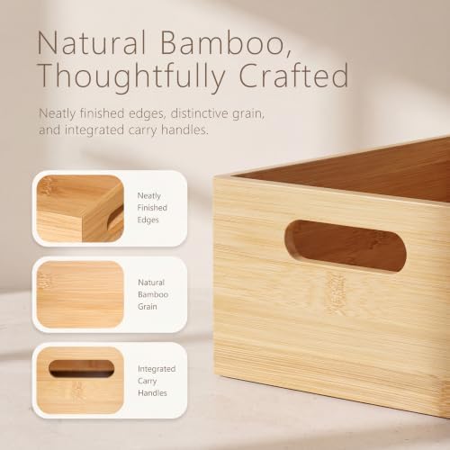 3 Pack Bamboo Storage Box with Handle, Wooden Organizer Bins