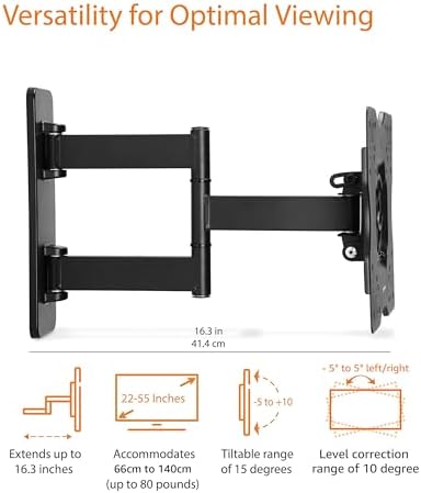 Amazon Basics Full Motion Articulating TV Wall Mount, with Swivel and Tilt, for 26" to 55" TVs and Flat Panels up to 80 Lbs, VESA Compatible, Single Stud, Black