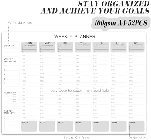 Undated Weekly Hourly Planner Notepad, Tear-Off ADHD Planner,Weekly Planner,Weekly Schedule Planner,Weekly To Do List Notepad(52 Sheets,8.5"x11",Minimalist)
