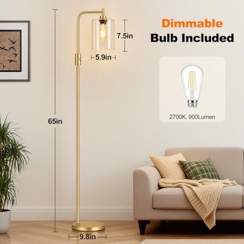 【Upgraded】 Dimmable Floor Lamp for Living Room with Seeded Glass Lampshade, Gold Modern Glass Floor Lamp with 900LM LED Bulb Included, Arc Standing Tall Lamp for Bedroom, Office, Reading Room, Corner